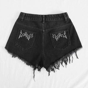 blacked ripped flame jean shorts